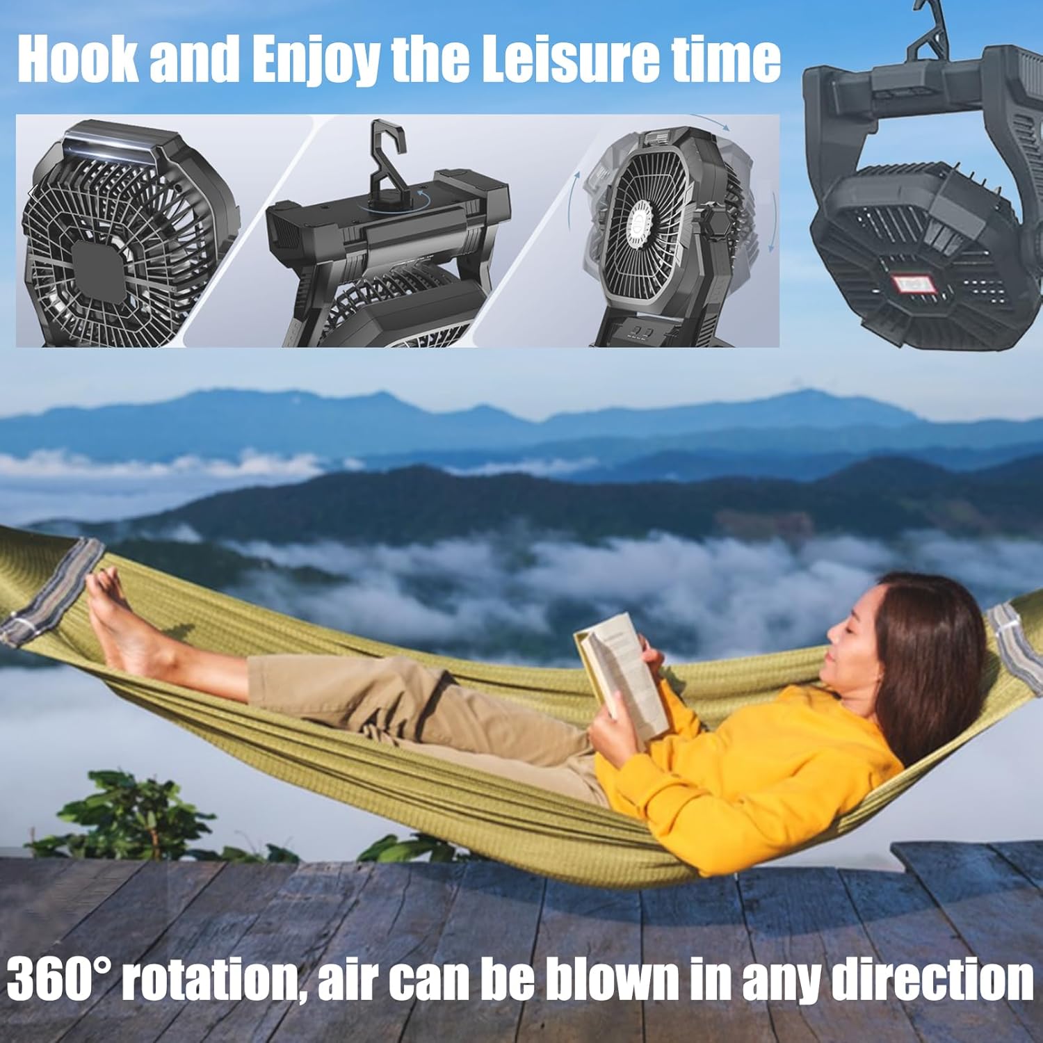 Camping Fan Rechargeable, Rechargeable Fan 20000mah Battery Powered Fans with LED Lantern and Hook, Camping Essentials for Tent, Travel, Car (Orange)